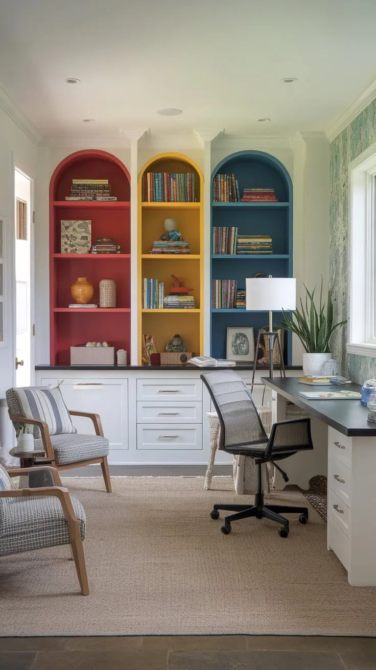 A cozy Den Playroom Combo seamlessly blends a functional home office and inviting play area, complete with a reading nook and cheerful design elements.