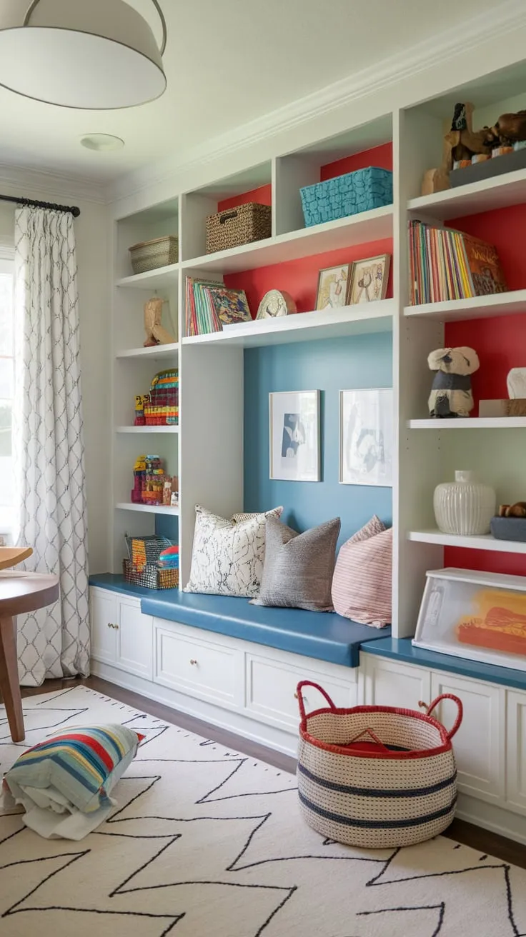 Create a dynamic Den Playroom Combo featuring colorful playroom ideas, built-ins, and a cozy reading nook for kids, seamlessly blending work and play.