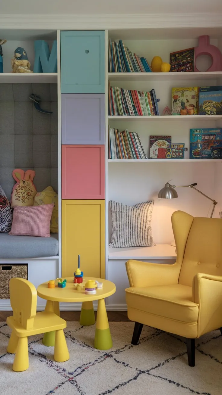Transform your home office into a fun and functional Den Playroom Combo with a dedicated kids' area complete with books, toys, and a cozy reading nook.