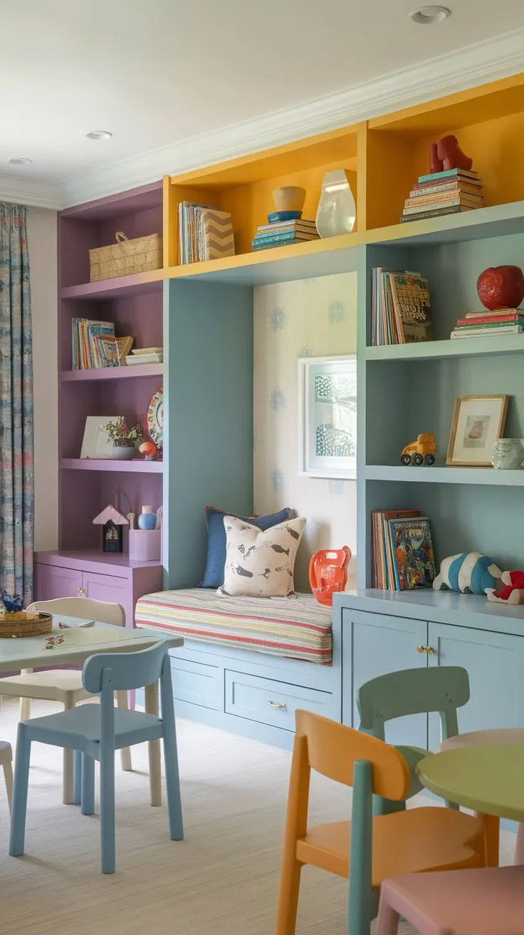 A vibrant Den Playroom Combo seamlessly blends home office, dining, and kids' play areas with colorful built-ins, a cozy reading nook, and playful décor.