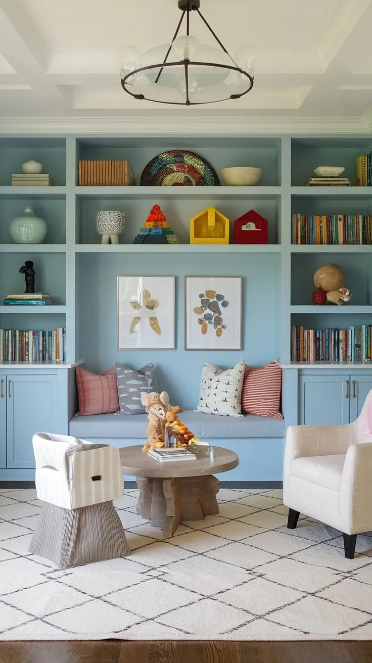 Transforming a small space into a haven of creativity and productivity! This den playroom combo showcases ingenious small playroom design, boasting colorful playroom ideas, playroom built-ins, a cozy kids reading nook, and a charming library playroom.  The integrated dining room playroom adds a touch of family-friendly functionality.  Find your next playroom inspiration here.