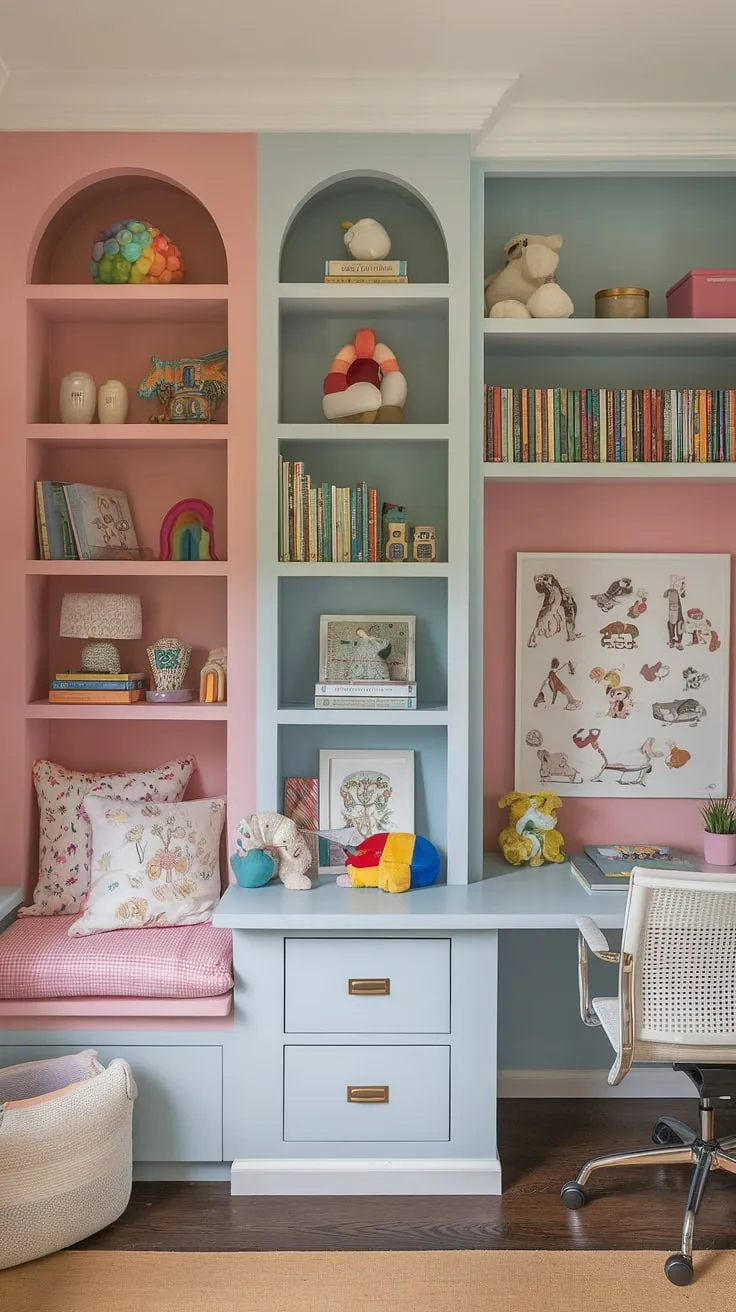 Dreamy small playroom design achieved! This home office playroom combo cleverly combines a den, playroom, and even a dining room playroom area.  Playroom built-ins offer ample storage, while the colorful playroom ideas and kids reading nook create a vibrant and inspiring kids play area.  Get playroom inspiration from this functional and stylish library playroom.
