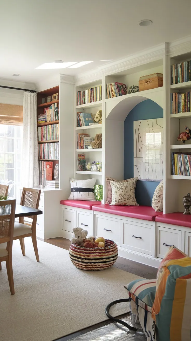 Where work meets wonder! This home office playroom combo seamlessly blends adult productivity with a vibrant kids play area, featuring clever playroom built-ins, a cozy kids reading nook that doubles as a library playroom, and colorful playroom ideas that spark imagination. The adjacent dining room completes this dynamic family space, offering playroom inspiration for even the smallest rooms.  This small playroom design proves that big fun can fit in a small space.