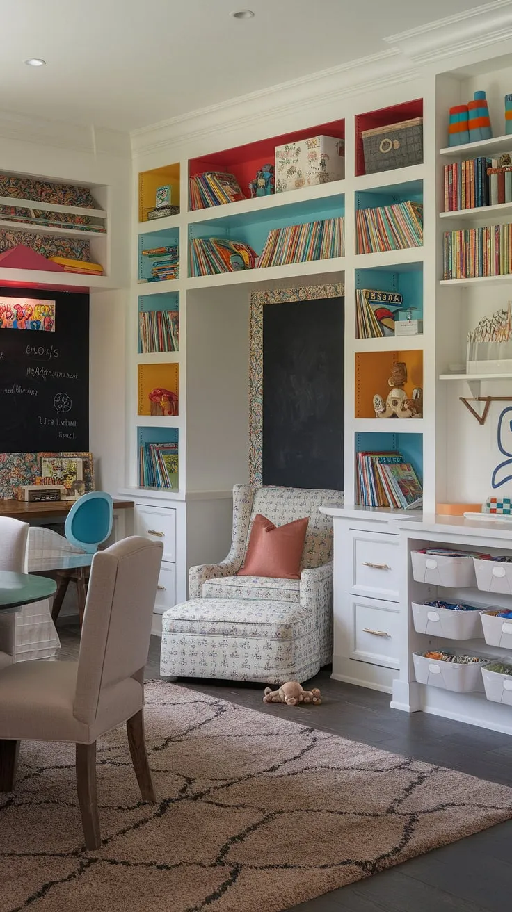This den playroom combo seamlessly blends work, play, and family time.  The colorful playroom ideas, complete with playroom built-ins and a dedicated kids reading nook, create a vibrant kids play area.  Smart small playroom design maximizes space, while the home office playroom combo ensures parents can work alongside their children. The dining room playroom integration makes mealtimes a breeze, transforming this space into the ultimate library playroom and a true source of playroom inspiration.