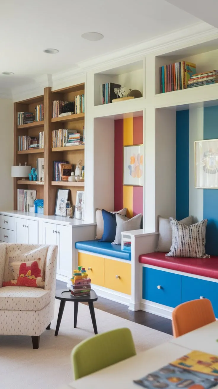 The Den Playroom Combo offers a vibrant kids' playroom featuring built-in shelves, a reading nook, and a library, cleverly integrated with a home office and dining area.