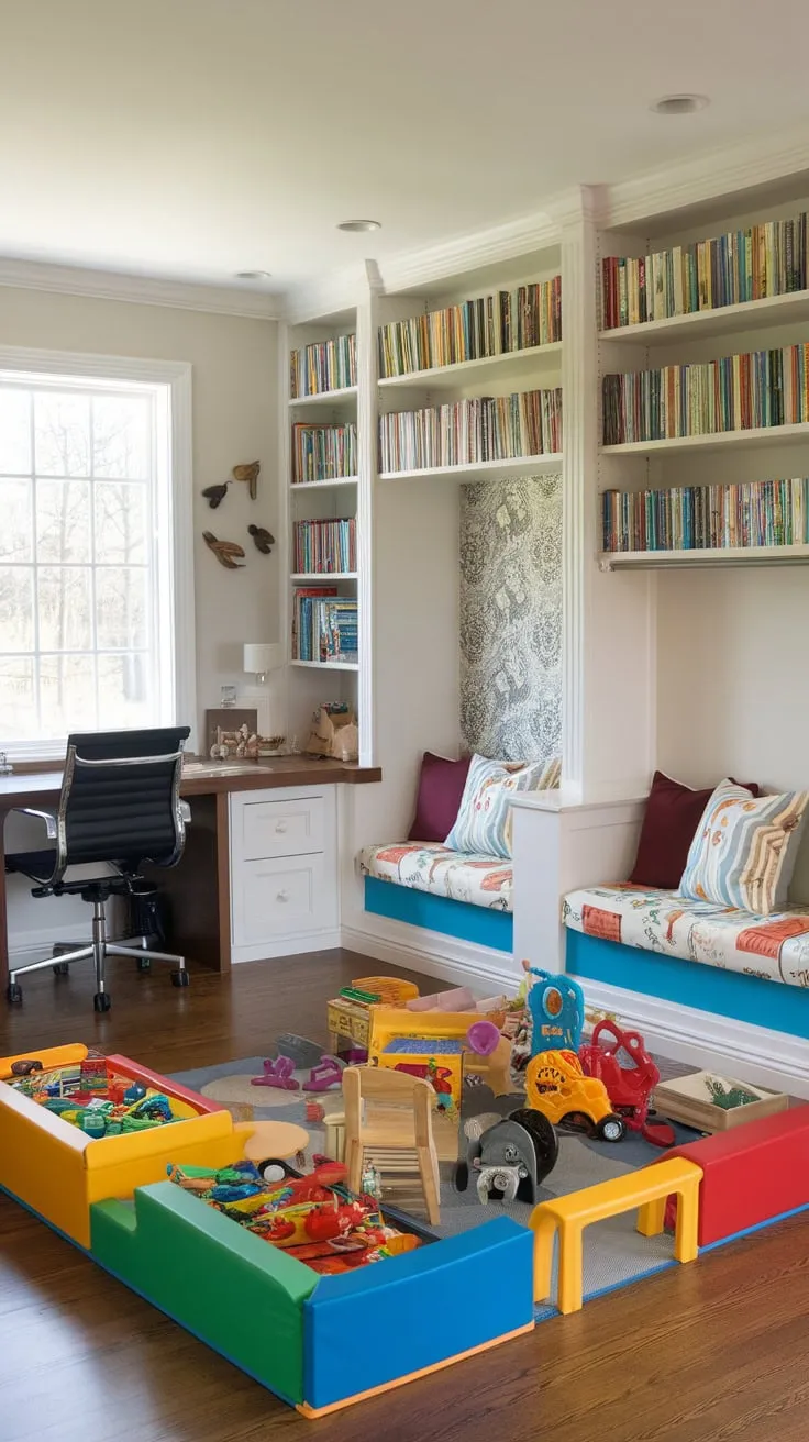 A Den Playroom Combo seamlessly blends a vibrant child's play area with a functional home office, offering both work and play in one stylish space