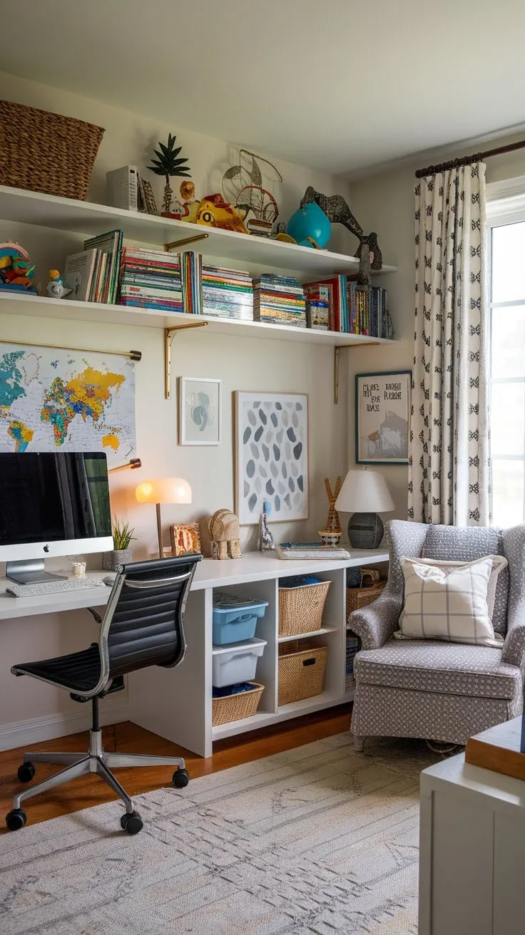 A cleverly designed Den Playroom Combo transforms a small area into a functional home office and engaging play space for kids.