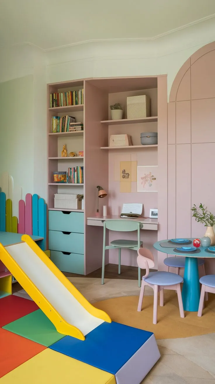 A pastel-hued Den Playroom Combo cleverly unites a playful slide and reading nook with a home office and dining area in a space-saving design.