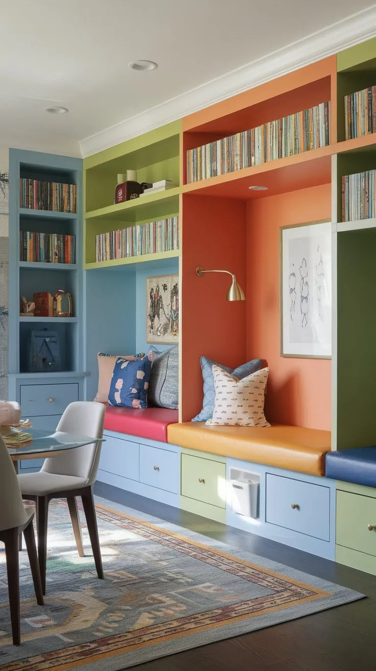 A vibrant Den Playroom Combo boasts built-in storage, a cozy reading nook, and a dining area all within a colorful, patterned space