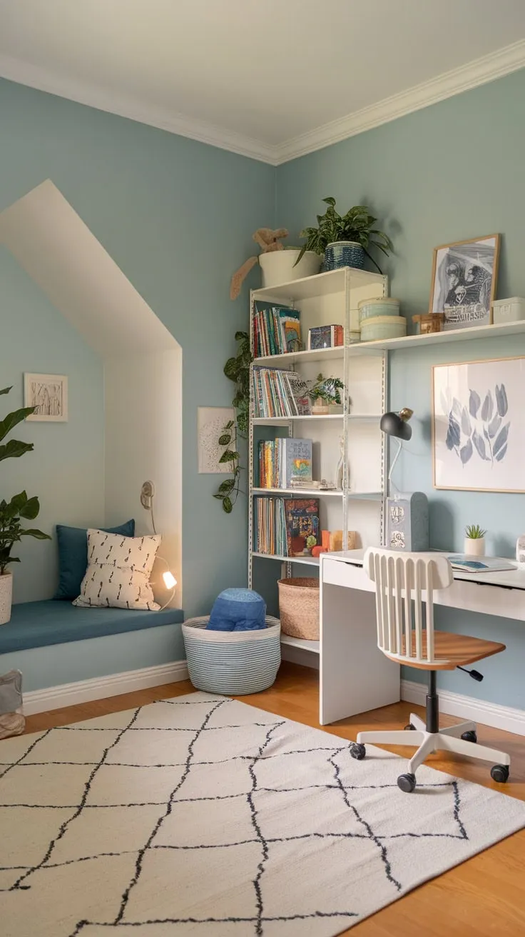 A serene blue playroom seamlessly blends a home office, complete with desk, bookshelves, and reading nook, creating a harmonious space for work and play