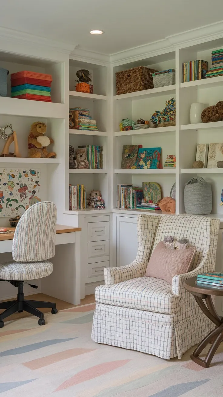 A colorful playroom cleverly combines a home office featuring a desk, bookshelf, and comfortable reading area, maximizing space and functionality.