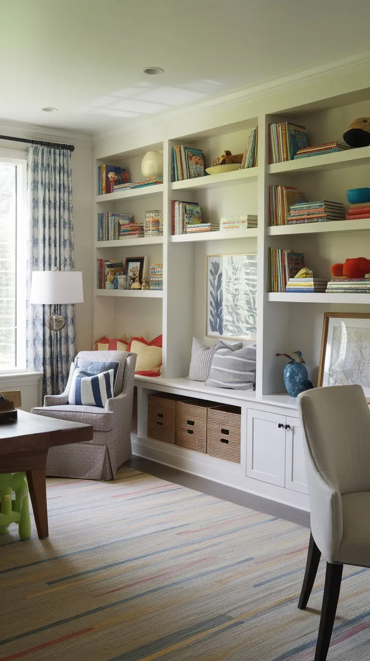 Transform your home with a versatile den playroom combo featuring a dedicated workspace, dining area, and a colorful, well-organized play area for kids.