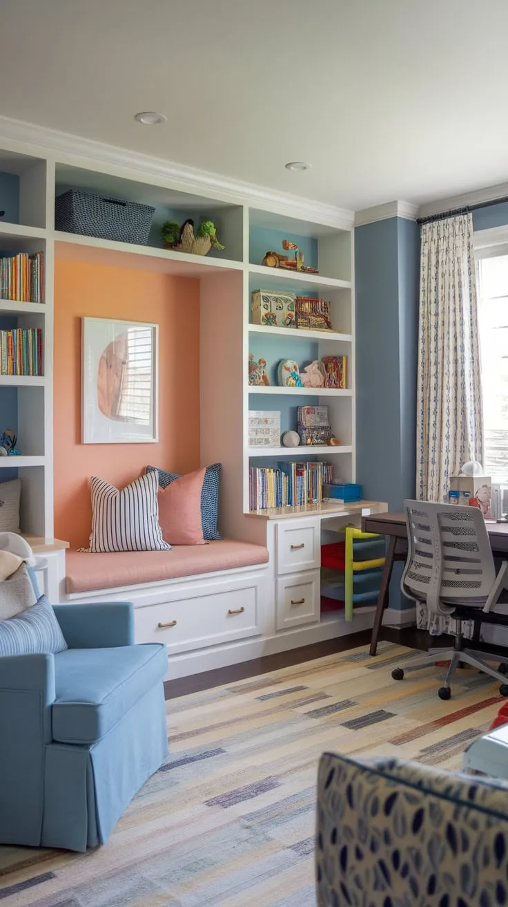 Transform your space into a dynamic Den Playroom Combo featuring a dedicated workspace, children's library, and inviting play area all in one.