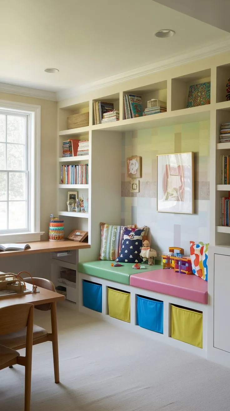 A bright, multi-functional Den Playroom Combo seamlessly blends home office, play area, and dining space for ultimate family convenience