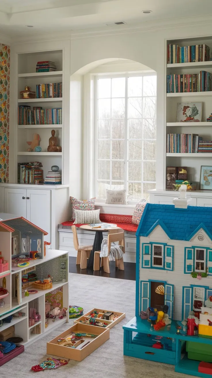 A vibrant Den Playroom Combo seamlessly blends a playful space with a home office and dining area, fostering creativity and productivity.