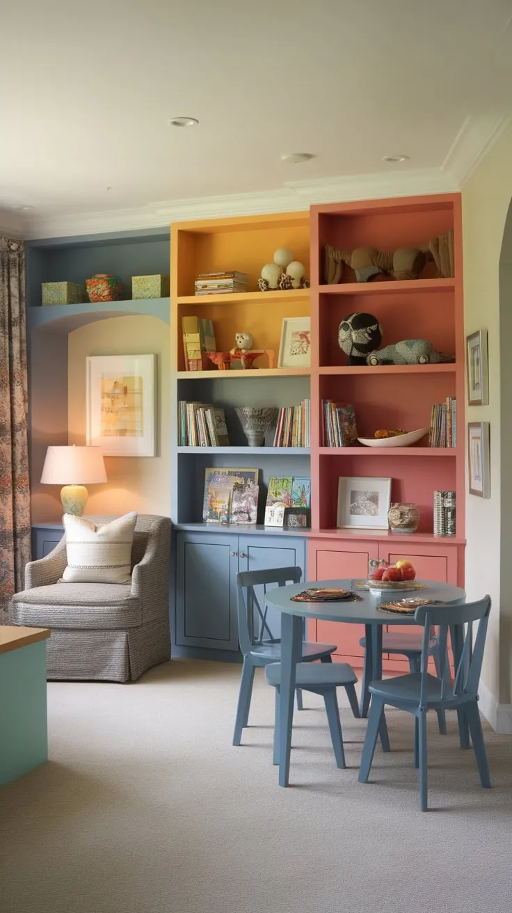 A small yet versatile room transforms into a vibrant den, playroom, home office, and dining area with built-in shelves and a comfy reading nook.