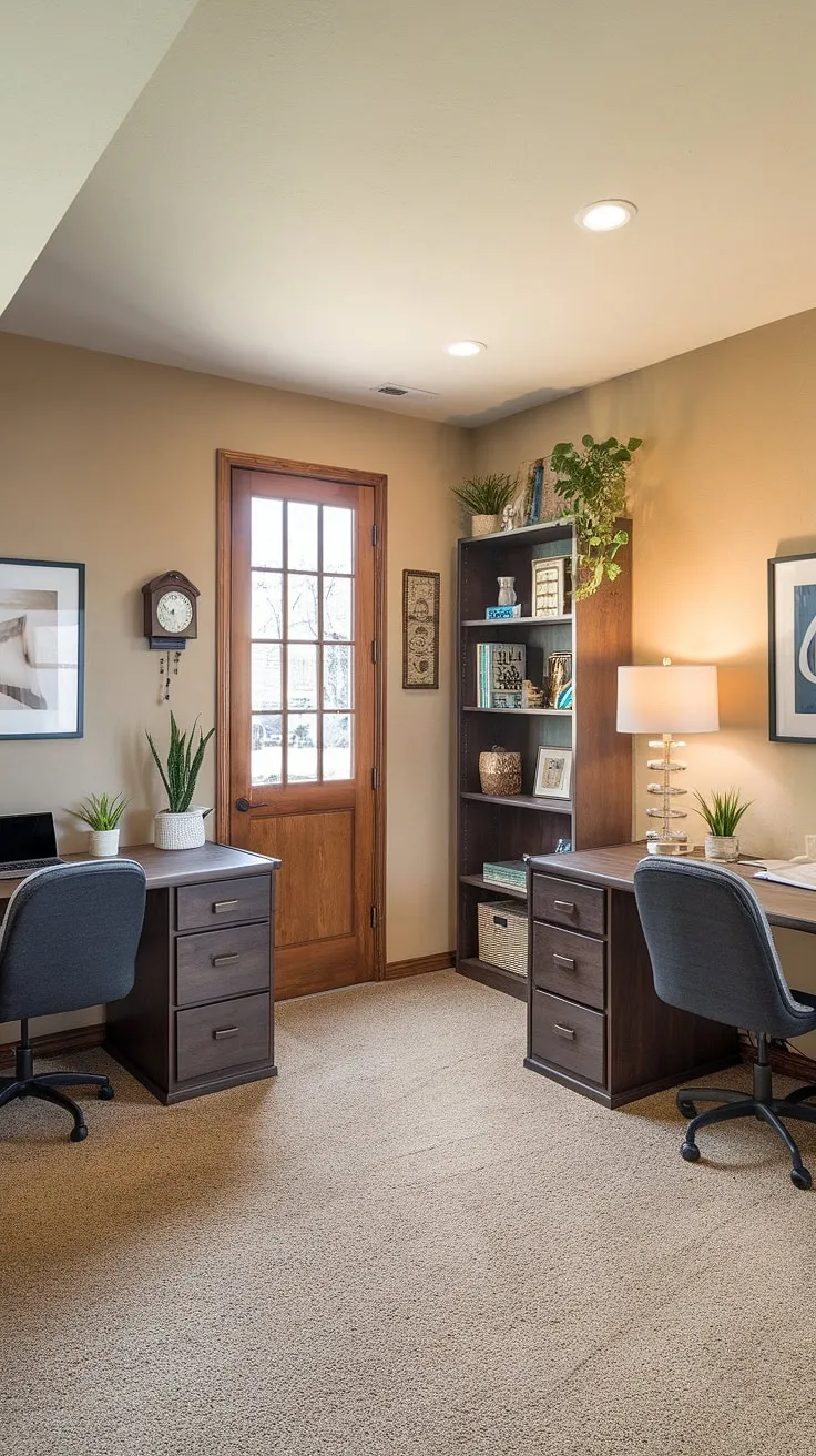 A small office layout maximizing space and style: this den room office features a working desk for two, ideal as an office space for women or a his and her home office. The design incorporates best small office design principles, including smart l-shaped desk organization ideas, to create a functional and inviting workspace. Perfect for home office design ideas, this setup demonstrates how to effectively utilize a small office with two desks.
