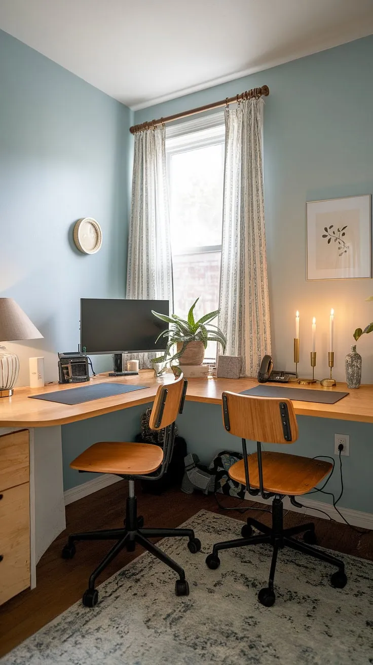 This den room office boasts a clever small office layout, perfect as a working desk for two. The L-shaped desk maximizes space in this best small office design, ideal for a his and her home office or an office space for women. Plenty of l-shaped desk organization ideas are showcased here.