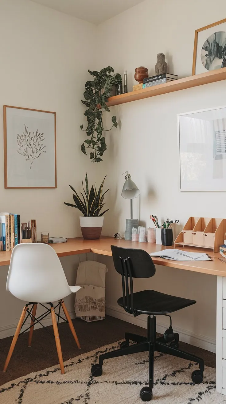 Maximize your small office with two desks in this inspiring den room office. This home office design ideas showcases a functional small office layout with an L-shaped desk, perfect for a his and her home office setup. Clever office space for women, too.