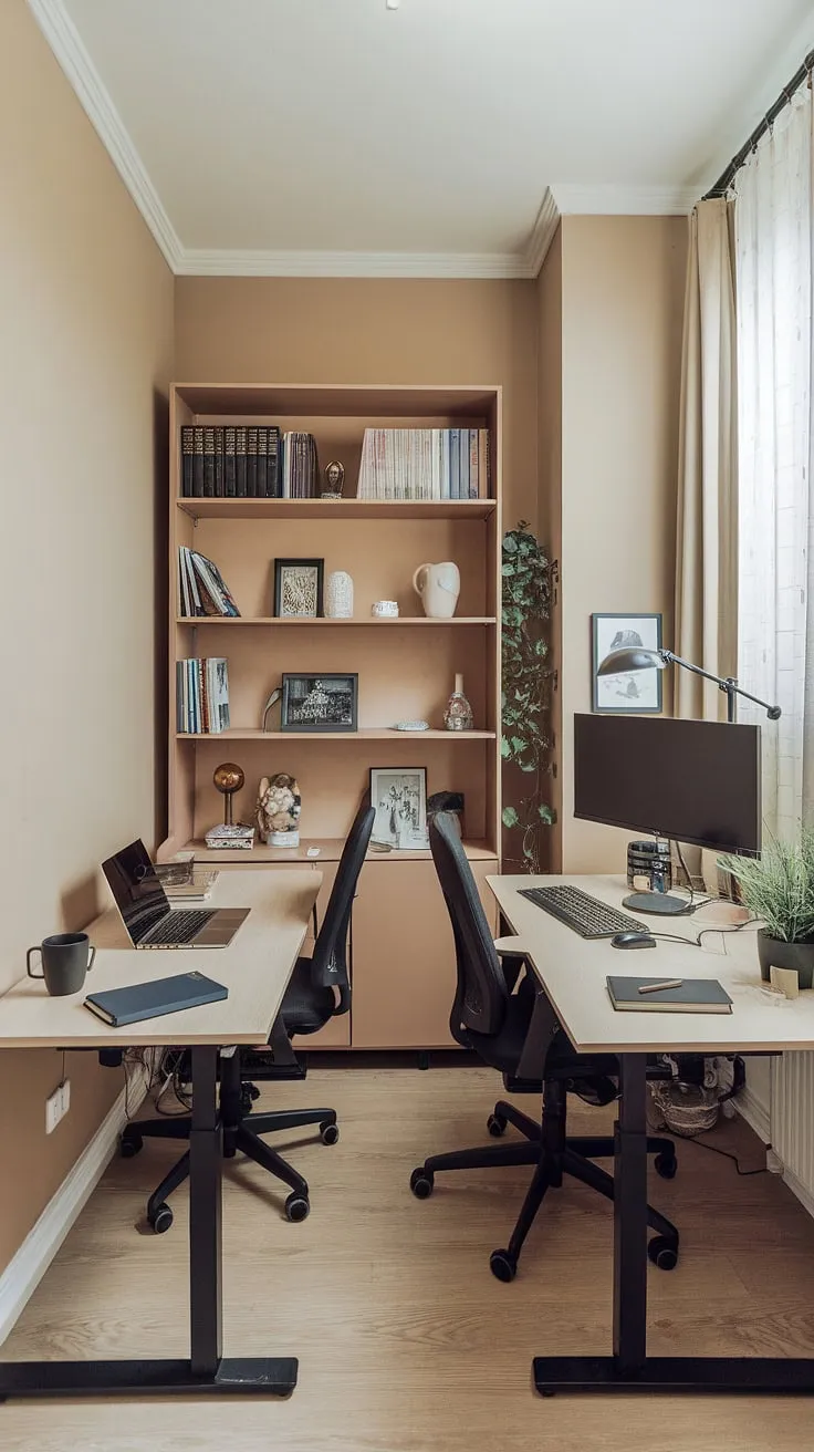 Maximize space and style in this small office layout. This den room office, a working desk for two, provides the perfect office space for women with its thoughtful home office design ideas. The best small office design features a small office with two desks, ideal for a his and her home office and showcasing clever l-shaped desk organization ideas.