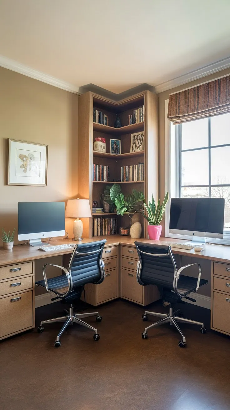 A small office with two desks creates a functional and stylish his and her home office within this den room. The L-shaped desk configuration is a clever small office layout solution, offering ample workspace. This best small office design incorporates home office design ideas like strategic lighting and pops of color with plants, making it a perfect office space for women (or anyone!). Observe the efficient l-shaped desk organization ideas; this working desk for two is a testament to maximizing space in a small office.