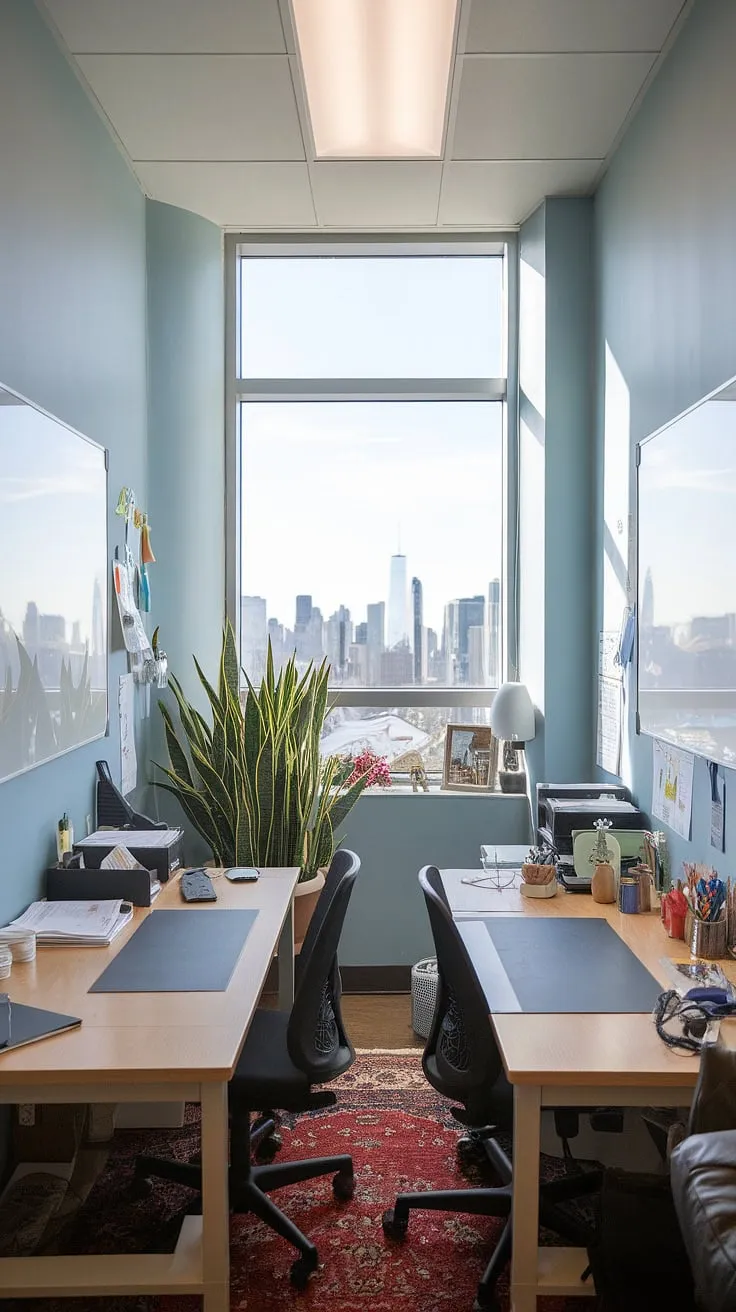 Maximize your small office with two desks in this stylish den room office. Perfect as office space for women, this home office design ideas features a best small office design and smart small office layout. Explore l-shaped desk organization ideas for this his and her home office setup.