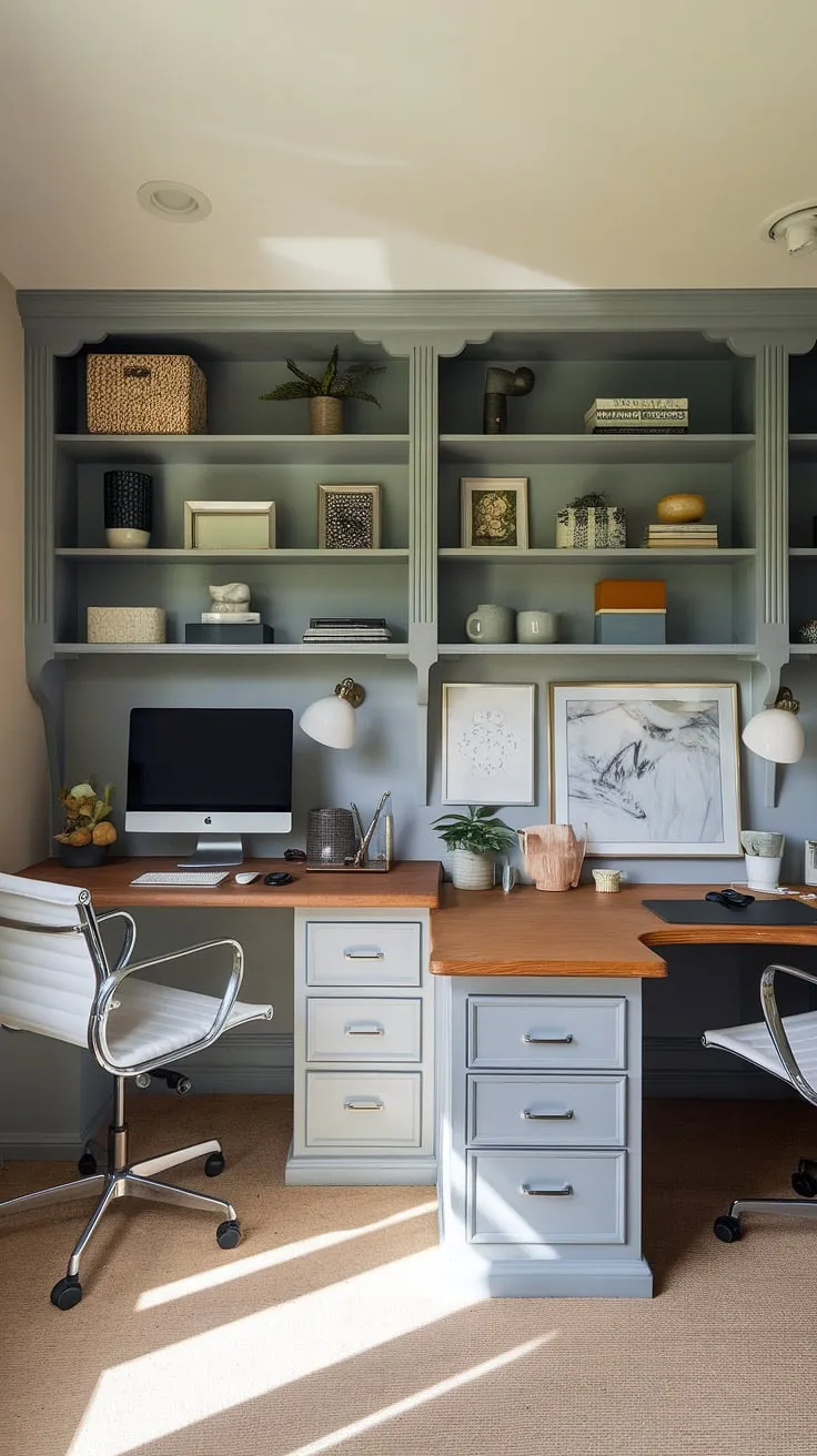 This charming den room office boasts a clever small office layout, perfect as a his and her home office. The working desk for two, an L-shaped desk, maximizes space in this small office with two desks, offering ample room for collaborative work. Natural light floods the space, creating a pleasant ambiance, showcasing some of the best small office design and l-shaped desk organization ideas for an office space for women with a comfortable home office design.