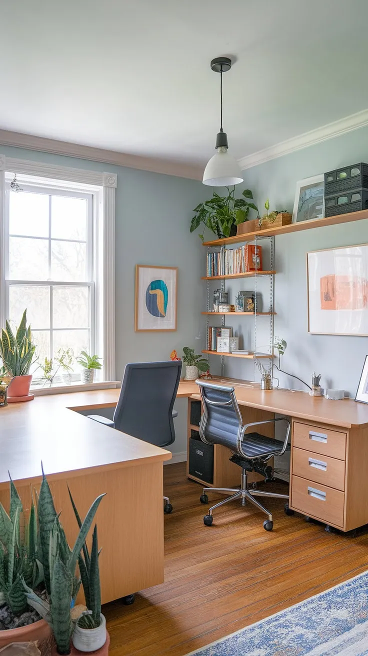 A small office with two desks, designed for ultimate functionality and style. This home office design ideas features an L-shaped desk bathed in natural light by the window, and a separate traditional desk, creating a perfect his and her home office or a shared working desk for two. The small office layout maximizes space, while the light blue walls and hardwood floors provide a calming backdrop. This office space for women (or anyone!) is a testament to best small office design, incorporating clever l-shaped desk organization ideas. A bookshelf and plants complete the inviting den room office atmosphere.