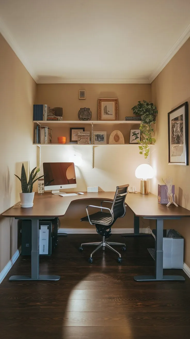 Cozy den room office perfection: This small office with two desks, a working desk for two, offers the best small office design for a his and her home office. L-shaped desk organization ideas maximize this small office layout, creating the ideal office space for women.