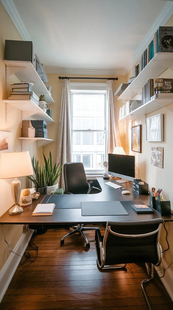 Transform your small office with two desks into a stylish and functional den room office. This small office layout utilizes an L-shaped desk, offering ample space and inspiring home office design ideas. Perfect for a his and her home office or an office space for women, this best small office design showcases smart l-shaped desk organization ideas.