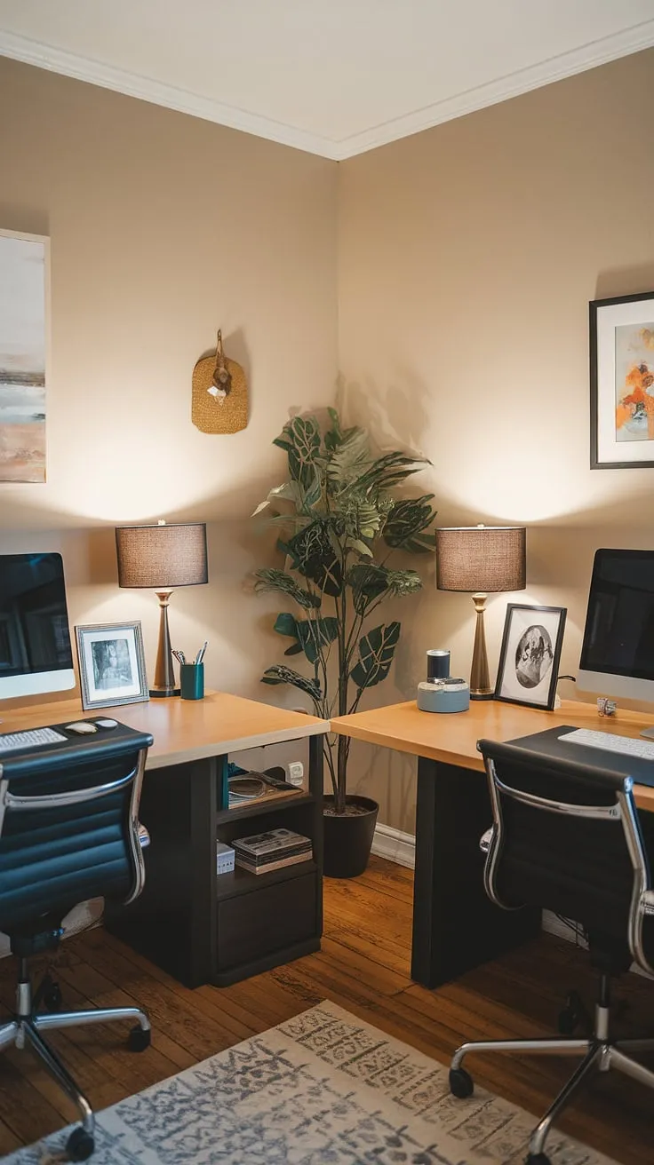 This cozy den room office, a perfect example of small office with two desks, offers a functional and stylish working desk for two. The small office layout maximizes space with clever organization, showcasing home office design ideas ideal for an office space for women or a his and her home office. Note the thoughtful placement of lamps, personal photos, and a potted plant, all contributing to the best small office design. The L-shaped desk organization ideas are subtly implemented for optimal workflow.