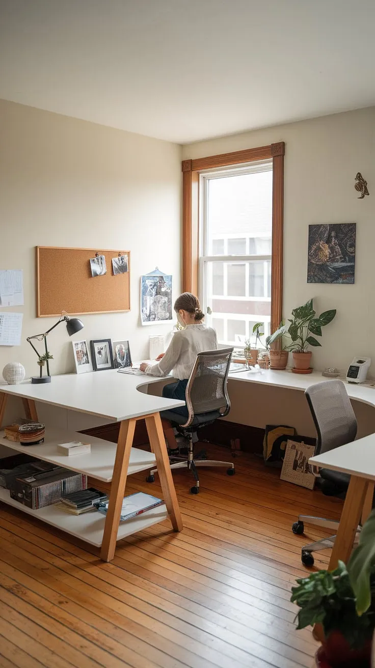 This den room office, a perfect blend of style and functionality, showcases a small office with two desks, ideal as a working desk for two or a his and her home office. The l-shaped desk organization ideas maximize space in this small office layout, offering a best small office design for women.