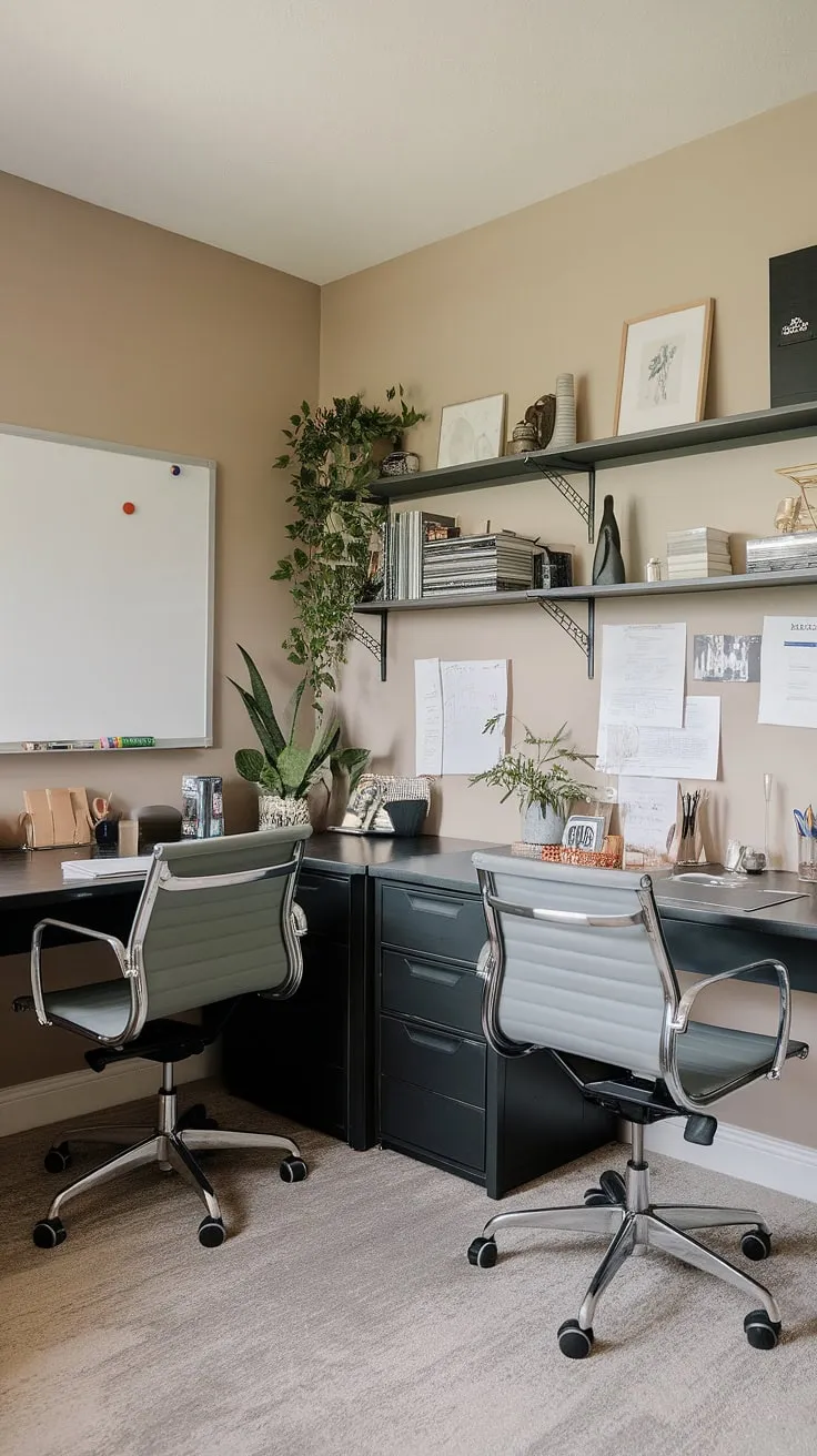 This den room office boasts a clever small office with two desks, perfect as a working desk for two. The office space for women features a stylish small office layout and showcases best small office design ideas. L-shaped desk organization ideas maximize this his and her home office.
