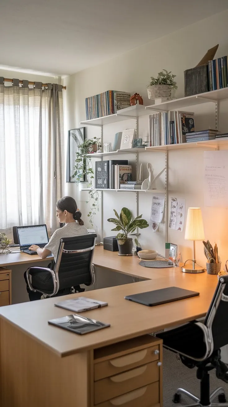 Small office with two desks? This den room office proves that even a small office layout can be stylish and functional. Home office design ideas shine in this his and her home office, featuring an L-shaped desk perfect for l-shaped desk organization ideas and creating the best small office design.