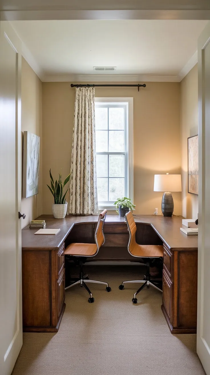 This small office with two desks offers a functional and stylish home office design ideas solution. The L-shaped desk, a perfect working desk for two, is the centerpiece of this efficient small office layout, ideal for a his and her home office or an office space for women. The den room office features a small window with a curtain, adding natural light to the beige-walled space. Clever l-shaped desk organization ideas and the overall best small office design make this a truly inspiring workspace.