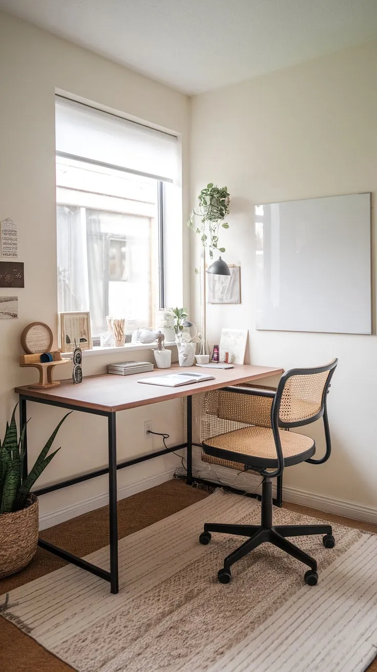 This charming den room office boasts a clever small office layout, featuring a stylish L-shaped desk—perfect for a working desk for two or a his and her home office. The white wooden top and black metal frame offer a modern contrast, while the woven chair and personal touches create a welcoming office space for women. This best small office design showcases smart l-shaped desk organization ideas, maximizing space in this small office with two desks.