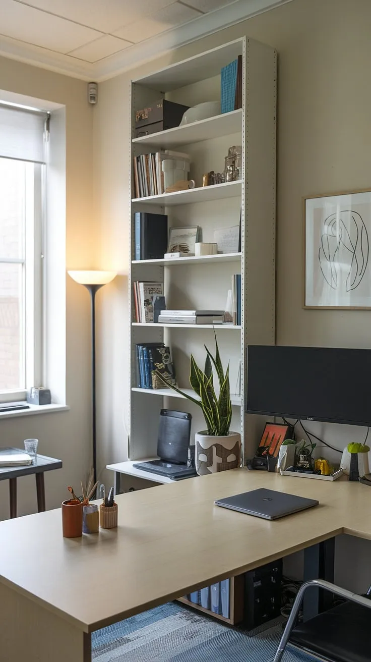 This small office with two distinct workspaces, created by the ingenious L-shaped desk, is a perfect example of small office design. The light and airy den room office features a tall bookshelf, providing ample storage, and a thoughtful arrangement of plants and decorative items. This home office design ideas showcase how to maximize functionality and style in a limited space, offering inspiration for l-shaped desk organization ideas and creating the best small office design for a his and her home office or a shared workspace.