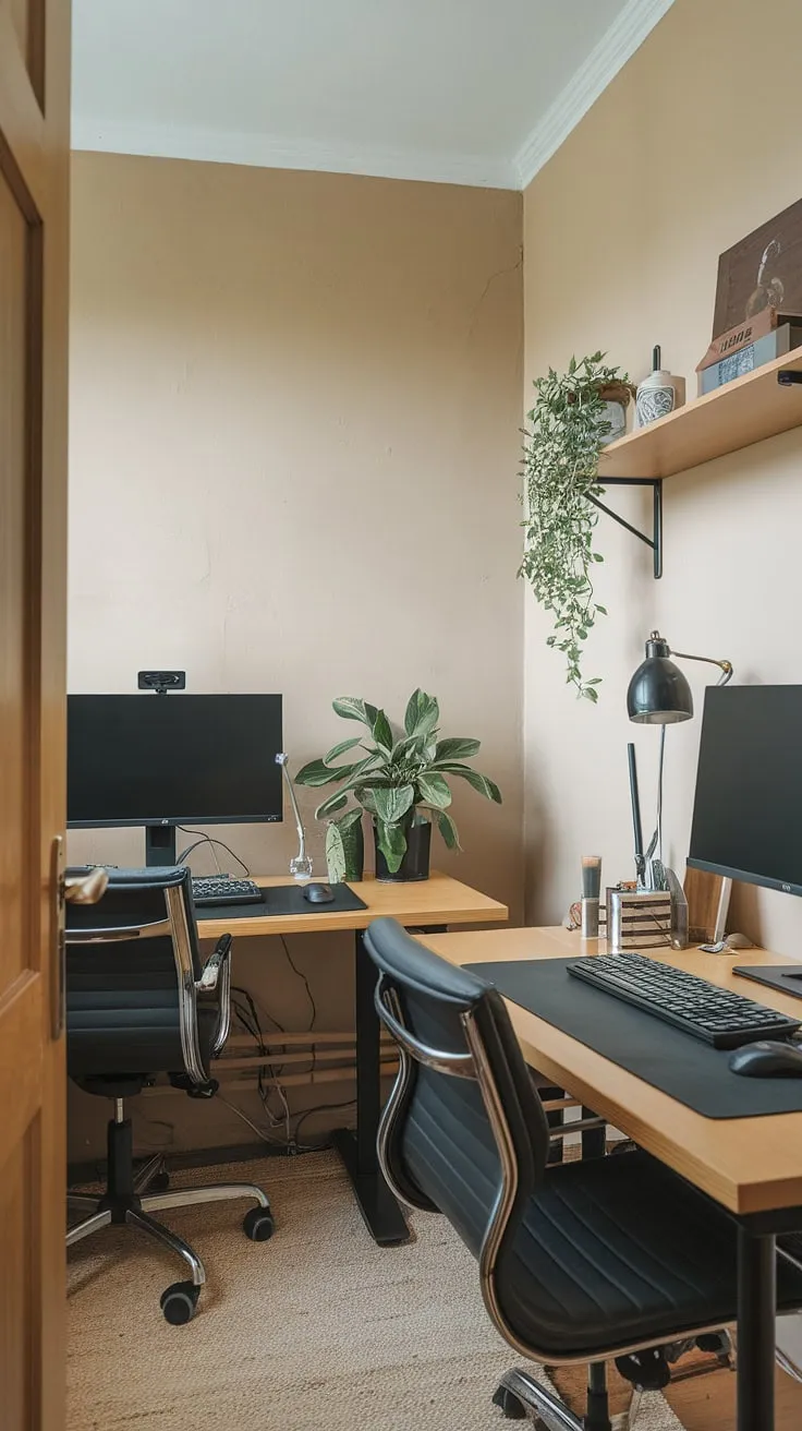 This cozy den room office, a perfect example of small office with two desks, offers a functional and stylish working desk for two. The office space for women (or anyone!) showcases smart home office design ideas, maximizing the small office layout with a thoughtful arrangement. Note the clever use of space and the l-shaped desk organization ideas. It's a best small office design for a his and her home office setup.