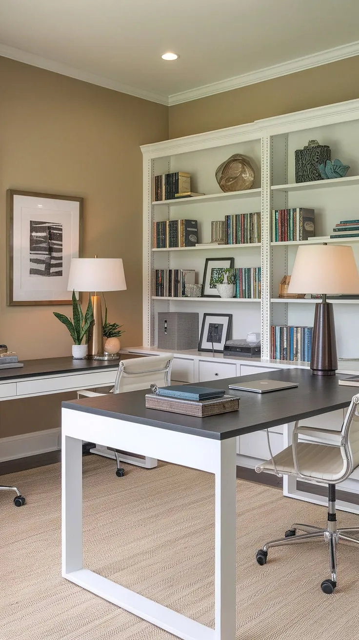 A chic and efficient small office with two desks, perfect as a his and her home office or an office space for women. This den room office features a smart small office layout centered around an L-shaped desk, offering plenty of workspace. The design incorporates home office design ideas, including thoughtful l-shaped desk organization ideas, with each desk personalized with a lamp, plant, and laptop. This best small office design is a testament to maximizing space in a working desk for two setup.