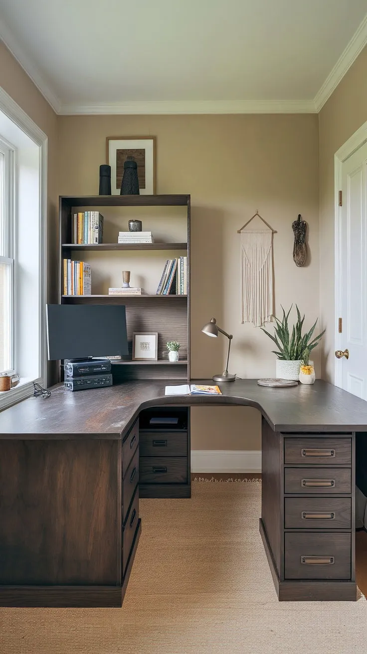 This den room office boasts a best small office design, featuring a working desk for two with an L-shaped desk organization ideas and a smaller desk against the wall. Perfect office space for women, this small office with two desks offers ample space and home office design ideas for a his and her home office.