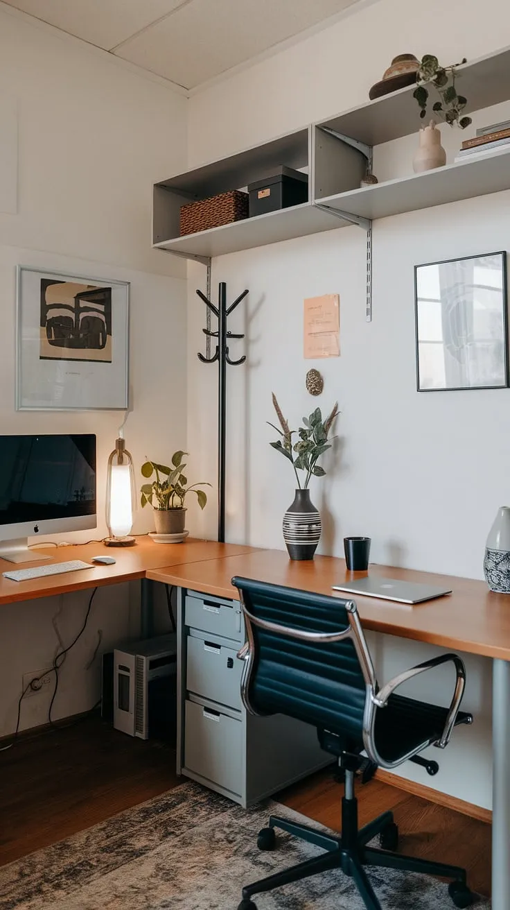 This cozy den room office boasts a best small office design, perfect as a working desk for two. The small office with two desks—an L-shaped desk organization ideas marvel on one side and a straight desk on the other—offers ample space for his and her home office needs. A plant, lamp, and framed artwork add personality to this office space for women (or anyone!), showcasing clever small office layout solutions and home office design ideas.