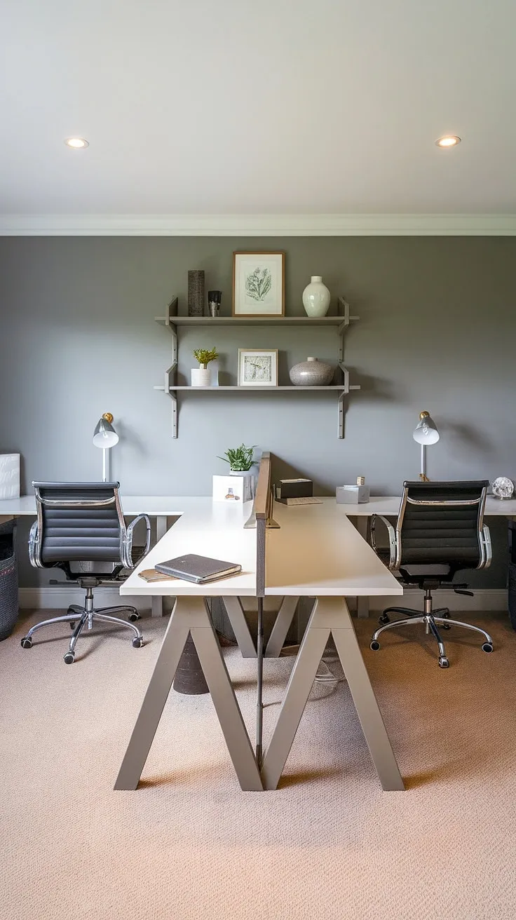 Maximize your space with this small office layout! This den room office features a stylish working desk for two, perfect for a his and her home office setup. The L-shaped desk is a smart solution for a small office with two desks, offering plenty of room for individual work. The clean lines and bright light create an inviting office space for women, while the simple decor provides inspiration for l-shaped desk organization ideas and home office design ideas. This best small office design is a testament to efficient space planning.