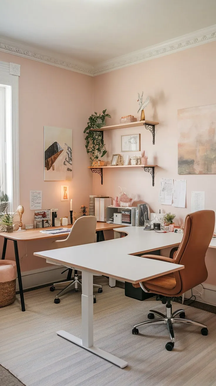 A dreamy den room office, this small office layout cleverly accommodates two with separate desks. Ideal as a working desk for two, this office space for women offers inspiration for home office design ideas and l-shaped desk organization ideas. The best small office design for a his and her home office.