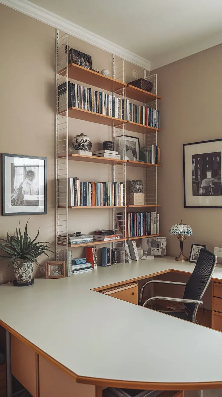 Transforming a small space into a productive haven is easy with this home office design ideas inspiration. This den room office features a smart small office layout with an L-shaped desk—a working desk for two, ideal for a his and her home office or an office space for women. The efficient use of space, combined with the tall bookshelf and personal touches, makes this the best small office design. Explore l-shaped desk organization ideas to achieve a similar small office with two desks setup.