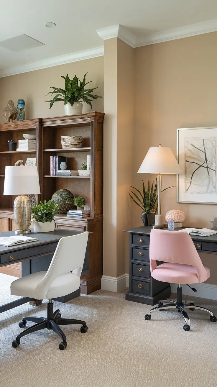 This den room office, a best small office design, cleverly utilizes a small office layout with two desks, creating a perfect working desk for two. The l-shaped desk organization ideas maximize space in this office space for women, showcasing his and her home office style.