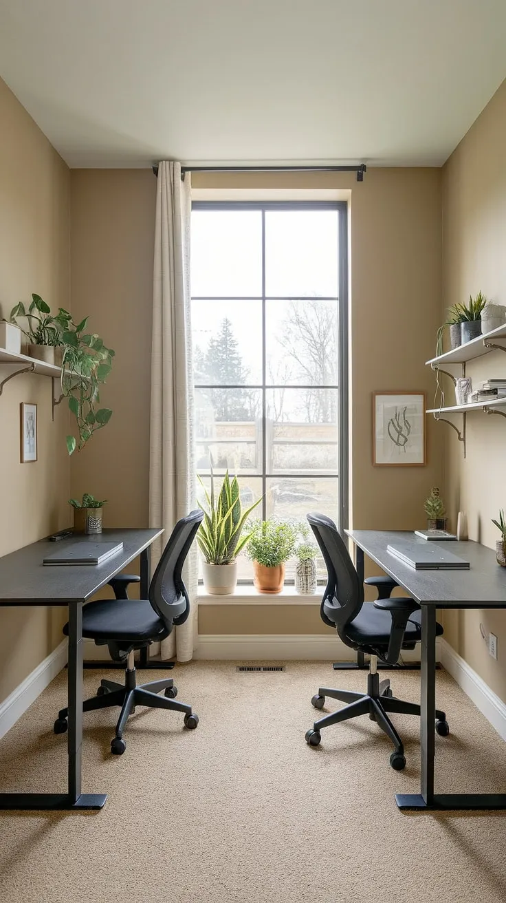 A functional and stylish small office with two desks, this den room office offers a perfect working desk for two. The neutral beige walls and carpet provide a serene backdrop, enhanced by the natural light streaming in from the window. This home office design ideas example demonstrates a smart small office layout, ideal as an office space for women or a his and her home office. Consider implementing l-shaped desk organization ideas to optimize this best small office design.