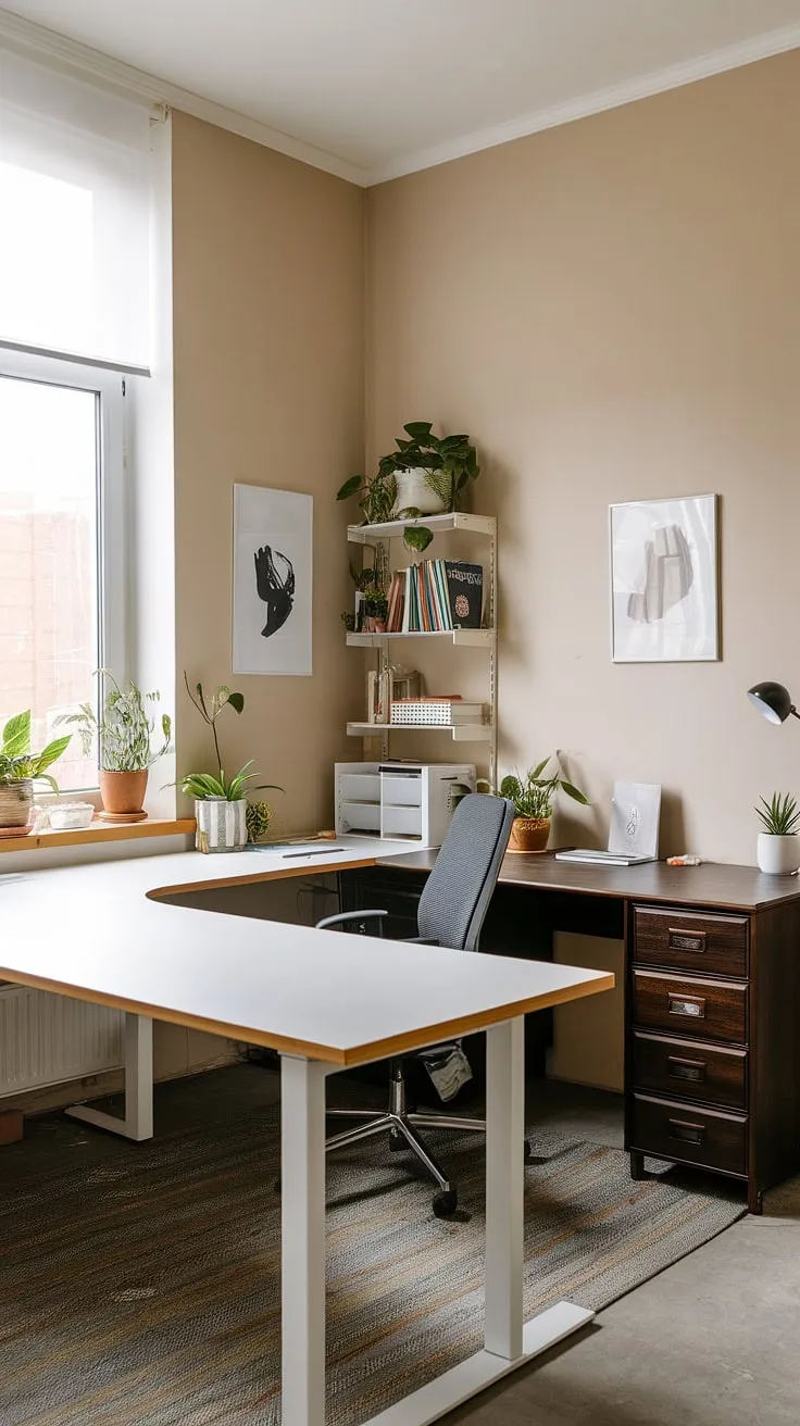 This den room office boasts a best small office design, cleverly utilizing a small office layout with two desks—a working desk for two, perfect as a his and her home office. L-shaped desk organization ideas maximize space in this office space for women (or anyone!).