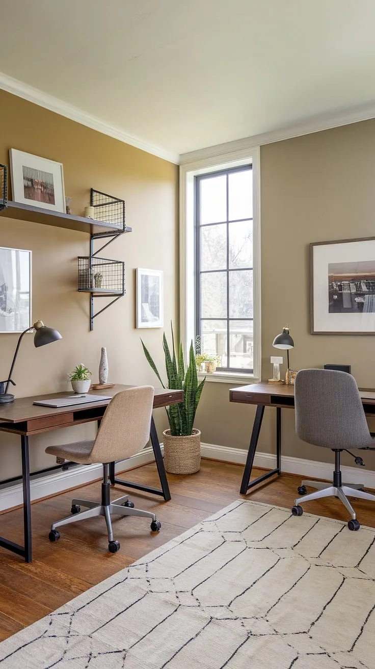 This den room office, a perfect example of home office design ideas, cleverly utilizes a small office layout to create a working desk for two. The small office with two desks, arranged in a way that suggests his and her home office, features a large window flooding the space with natural light. Beige walls and a wooden floor provide a warm backdrop, while personal touches like plants and photos add character. The l-shaped desk organization ideas are subtly implemented, maximizing space and functionality in this best small office design for women.