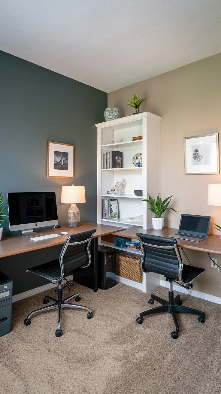 This cozy den room office boasts a clever small office layout, perfect as a working desk for two or a his and her home office. The L-shaped desk organization ideas maximize space, while the addition of plants and personal touches creates a welcoming office space for women. This best small office design showcases practical home office design ideas in a small office with two desks.