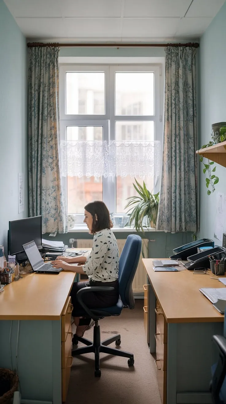 This den room office, a small office with two desks, offers a perfect working desk for two. Ideal office space for women, this home office design showcases a best small office design with smart small office layout.